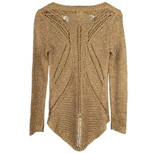 Y2K Sweater Sequin Size Small‎ Open Knit Gold Metallic Pointed Hem